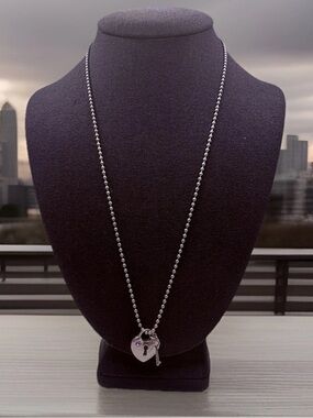 Vintage Retro Heart Lock & Key Pendant Necklace Ball Chain Pink Rhinstone 24”